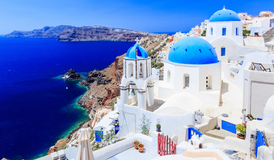 Greek island homes with blue roofs